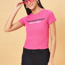 People Pink Ribbed Typography printed Round Neck Slim Fit Casual T-shirt-image-44