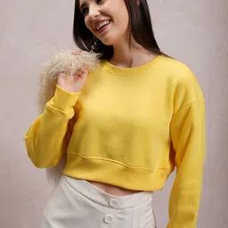 Tokyo Talkies Yellow Round Neck Crop Pullover Sweatshirt-image-13