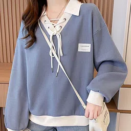 JC Mode Self Design Shirt Collar Pullover Sweatshirt-55
