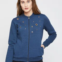 Marie Claire Blue Mock Collar Fleece Front-Open Sweatshirt-picture-8
