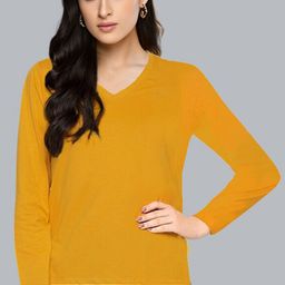 Pootlu Women Yellow V-Neck Cotton T-shirt-image-45
