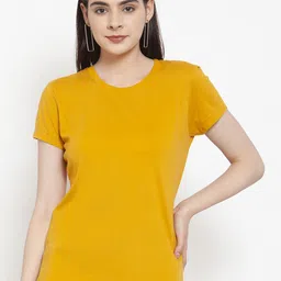 Friskers Women Mustard Yellow Solid Round Neck T-shirt-image-6