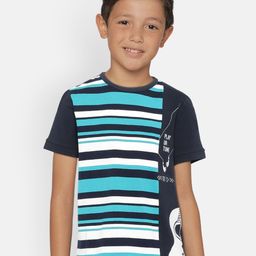 LAdore Boys Navy Blue and Green Striped Round Neck Pure Cotton T-shirt-image-77
