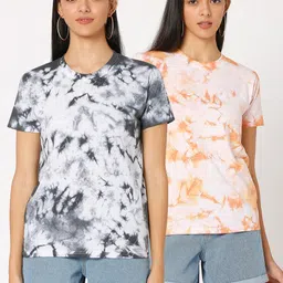 Smarty Pants Women Set Of 2 Black & Orange Tie and Dye Printed T-shirt-image-15