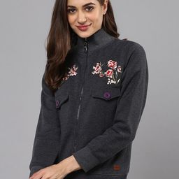 Campus Sutra Women Charcoal Grey & Red Embroidered Sweatshirt-4