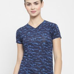 Boston Club Women Navy Blue Printed V-Neck Dri-FIT Pockets T-shirt-image-62