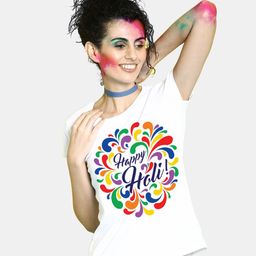BonOrganik Women White Happy Holi Printed Cotton T-shirt-image-13