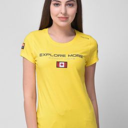 Woodland Women Yellow Typography Print Regular Fit Cotton T-shirt-image-13