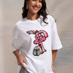 Tokyo Talkies Women Self Design Round Neck Cotton Oversized T-shirt-image-38