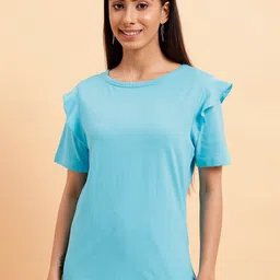 MINT STREET Boat Neck Ruffle Sleeve Pure Cotton T-shirt-image-64