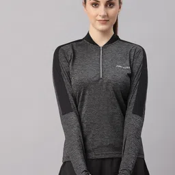 JUMP USA Women Black Mandarin Collar Training or Gym T-shirt-26