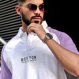 Maniac Colourblocked Polo Collar Cotton T-shirt-image-67