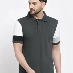 Kalt Men Grey & White Colourblocked Polo Cotton T-shirt-4