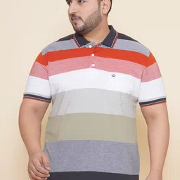 John Pride Plus Size Striped Polo Collar Pockets Cotton T-shirt-55