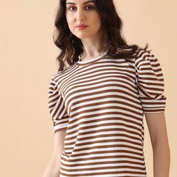 Kinjo Women Striped Round Neck Woollen T-shirt-image-76