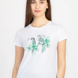Status Quo Round Neck Short Sleeves Floral Printed Short Sleeves Tropical Cotton T-shirt-image-30