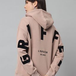 GRIFFEL Typography Printed Hooded Drop Shoulder Sleeves Fleece Oversized Sweatshirt-22