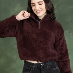 Tokyo Talkies Brown High Neck Pullover Crop Sweatshirt-image-43