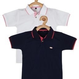 earth conscious Boys White & Navy Blue Set of 2 Solid Polo Collar Cotton T-shirt-image-130