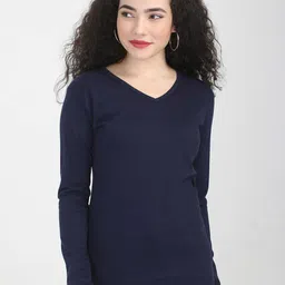 Fleximaa Women Navy Blue V-Neck Cotton T-shirt-12