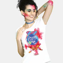 BonOrganik Women White Holi Hai Printed T-shirt-picture-42