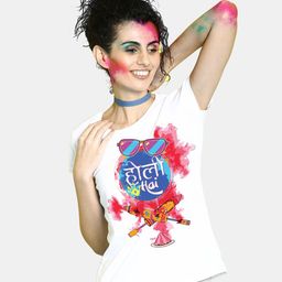 BonOrganik Women White Holi Hai Printed Cotton T-shirt-picture-45
