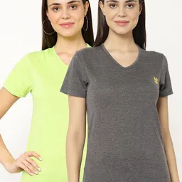 VIMAL JONNEY Pack-2 Women Grey & Fluorescent Green V-Neck T-shirt-image-8