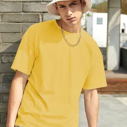 Kotty Yellow Drop-Shoulder Sleeves Oversized Cotton Casual T-Shirt-image-64