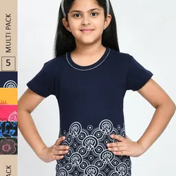 IndiWeaves Girls Pack Of 5 Printed Pure Cotton T-shirt-image-16