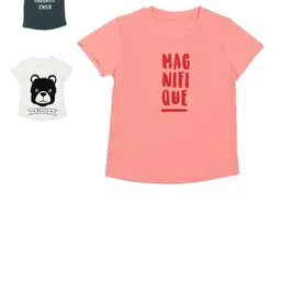 DOOR74 Pack of 3 Girls Multicoloured Typography Printed Applique T-shirt-picture-30