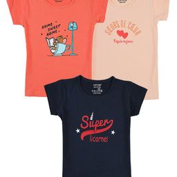 CATCUB Girls Pack of 3 Typography Printed T-shirt-picture-1