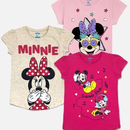 Kids Ville Girls Magenta & Cream-Coloured Pack of 3 Mickey & Friends Pure Cotton T-shirt-image-100