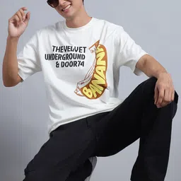 DOOR74 Typography Printed Short Sleeves Applique Cotton Oversized T-shirt-image-84