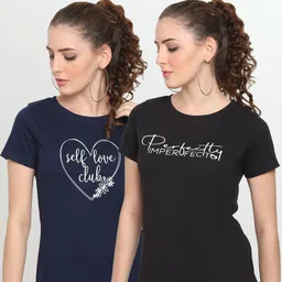 UnaOne Women Plus Size Pack Of 2 Black & Navy Blue Typography Printed Pure Cotton T-shirt-picture-6
