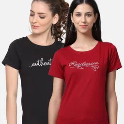 UnaOne Women Maroon & Black Typography 2 Cotton Printed T-shirt-picture-32