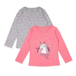 PLUM TREE Girls Pack of 2 Peach-Coloured  Grey Printed Cotton Pure Cotton T-shirt-image-22