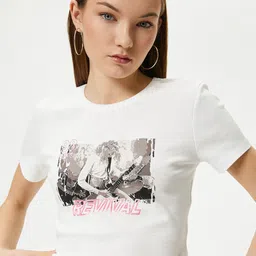Koton Typography Printed Round Neck Short Sleeves Cotton Crop T-shirt-image-14