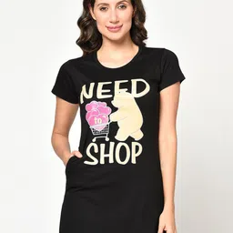 CUSHYBEE Women Navy Blue & Yellow Typography Printed Cotton Longline Lounge T-shirt-image-95