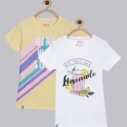 3PIN Girls Pack Of 2 Yellow & White Printed Pure Cotton T-shirts-picture-5