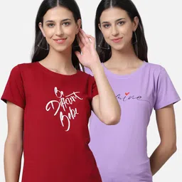 UnaOne Women Pack of 2 Lavender & Maroon Typography Printed Pure Cotton T-shirt-image-33