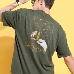 HIGHLANDER Olive Green Typography Printed Oversized T-shirt-image-70