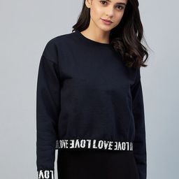 StyleStone Women Navy Blue Printed Fleece Crop Sweatshirt-image-130
