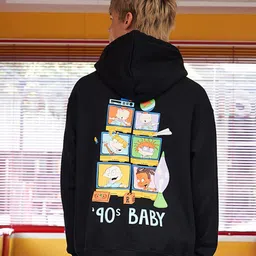 Bonkers Corner Black Graphic Printed Drop-Shoulder Sleeves Hooded Cotton Sweatshirt-image-85