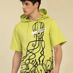 PUNK Graphic Printed Hooded Short Sleeves Terry Fleece Pullover Sweatshirt-image-2