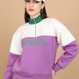 Tokyo Talkies Purple Colourblocked Mock Collar Pullover Sweatshirt-image-43