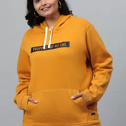 Instafab Plus Women Mustard Yellow Typography Printed Hooded Sweatshirt-21