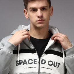 SHOWOFF Men Grey & White Printed Hooded Cotton Sweatshirt-13