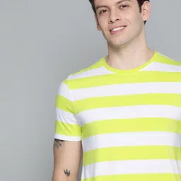 Mast & Harbour Men Lime Green & White Striped T-shirt-image-52