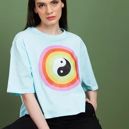 Globus Blue Graphic Printed Round Neck Cotton Boxy Casual T-shirt-image-12