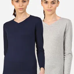appulse Women Navy Blue & Grey Set Of 2 V-Neck Slim Fit Running T-shirt-image-94